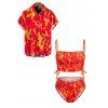 Vacation Couple Outfit Colorblock Flame Print Cinched Dual Strap Tankini Swimsuit and Shirt Set - Orange S | US 4