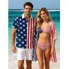 Independence Day Couple Outfit American Flag Star Striped Print Halter 3 pcs Swimsuit with Cover-up and Shirt Set - multicolor A S | US 4