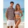 Vintage Couple Outfit Striped Print Ring Strap High Cut Briefs Tankini Swimsuit and Shirt Set - marron foncé S | US 4