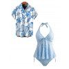 Hawaiian Couple Outfit Solid Color Jacquard Lace Tied Halter Swimsuit and Lily Floral Shell Print Shirt Set - Bleu Poudre S | US 4