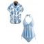 Hawaiian Couple Outfit Solid Color Jacquard Lace Tied Halter Swimsuit and Lily Floral Shell Print Shirt Set - Bleu Poudre S | US 4