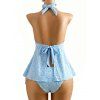 Hawaiian Couple Outfit Solid Color Jacquard Lace Tied Halter Swimsuit and Lily Floral Shell Print Shirt Set - Bleu Poudre S | US 4