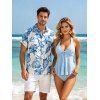 Hawaiian Couple Outfit Solid Color Jacquard Lace Tied Halter Swimsuit and Lily Floral Shell Print Shirt Set - Bleu Poudre S | US 4