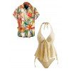 Hawaiian Couple Outfit Solid Color Jacquard Lace Tied High Cut Briefs Halter Tankini Swimsuit and Colorblock Floral Leaf Print Shirt Set - Jaune clair S | US 4