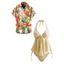 Hawaiian Couple Outfit Solid Color Jacquard Lace Tied High Cut Briefs Halter Tankini Swimsuit and Colorblock Floral Leaf Print Shirt Set - Jaune clair S | US 4