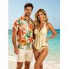 Hawaiian Couple Outfit Solid Color Jacquard Lace Tied High Cut Briefs Halter Tankini Swimsuit and Colorblock Floral Leaf Print Shirt Set - Jaune clair S | US 4