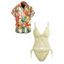 Hawaiian Couple Outfit Solid Color Lace Ruffle Tied High Cut Tankini Swimsuit and Colorblock Floral Leaf Print Shirt Set - Jaune clair S | US 4
