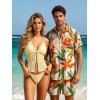 Hawaiian Couple Outfit Solid Color Lace Ruffle Tied High Cut Tankini Swimsuit and Colorblock Floral Leaf Print Shirt Set - Jaune clair S | US 4