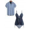 Vacation Couple Outfit Colorblock Ruffle Bowknot Textured Tied Tankini Swimsuit Striped Print Shirt Set - Bleu Marine S | US 4