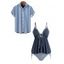 Vacation Couple Outfit Colorblock Ruffle Bowknot Textured Tied Tankini Swimsuit Striped Print Shirt Set - Bleu Marine S | US 4
