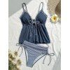 Vacation Couple Outfit Colorblock Ruffle Bowknot Textured Tied Tankini Swimsuit Striped Print Shirt Set - Bleu Marine S | US 4