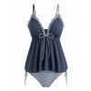 Vacation Couple Outfit Colorblock Ruffle Bowknot Textured Tied Tankini Swimsuit Striped Print Shirt Set - Bleu Marine S | US 4