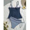 Vacation Couple Outfit Colorblock Ruffle Bowknot Textured Tied Tankini Swimsuit Striped Print Shirt Set - Bleu Marine S | US 4