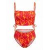 Beach Tankini Swimsuit Colorblock Flame Print Cinched Dual Strap Vacation Swimwear Set - Orange S | US 4