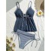 Vacation Tankini Swimsuit Colorblock Ruffle Bowknot Textured Tied Striped Print Beach Swimwear Set - Bleu profond XL | US 10