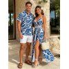 Vacation Couple Outfit Abstract Leaf Print Lace Hollow Out Skort Romper and Shirt Set - Bleu Marine S | US 4
