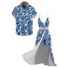 Vacation Couple Outfit Abstract Leaf Print Lace Hollow Out Skort Romper and Shirt Set - Bleu Marine S | US 4