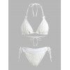 Vacation Bikini Swimsuit Solid Color Jacquard Textured Tied High Cut Briefs Open Back Halter Swimwear Set - Blanc M | US 6