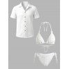 Vacation Couple Outfit Solid Color Textured Jacquard Tied Halter Bikini Swimsuit and Knitted Shirt Set - Blanc S | US 4
