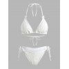 Vacation Couple Outfit Solid Color Textured Jacquard Tied Halter Bikini Swimsuit and Knitted Shirt Set - Blanc S | US 4