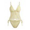Hawaiian Couple Outfit Solid Color Lace Ruffle Tied High Cut Tankini Swimsuit and Colorblock Floral Leaf Print Shirt Set - LIGHT YELLOW S | US 4