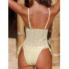 Hawaiian Couple Outfit Solid Color Lace Ruffle Tied High Cut Tankini Swimsuit and Colorblock Floral Leaf Print Shirt Set - LIGHT YELLOW S | US 4