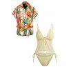 Hawaiian Couple Outfit Solid Color Lace Ruffle Tied High Cut Tankini Swimsuit and Colorblock Floral Leaf Print Shirt Set - LIGHT YELLOW S | US 4