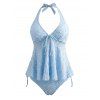 Hawaiian Couple Outfit Solid Color Jacquard Lace Tied Halter Swimsuit and Lily Floral Shell Print Shirt Set - POWDER BLUE S | US 4