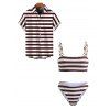 Vintage Couple Outfit Striped Print Ring Strap High Cut Briefs Tankini Swimsuit and Shirt Set - DEEP BROWN S | US 4
