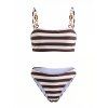 Vintage Couple Outfit Striped Print Ring Strap High Cut Briefs Tankini Swimsuit and Shirt Set - DEEP BROWN S | US 4