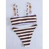 Vintage Couple Outfit Striped Print Ring Strap High Cut Briefs Tankini Swimsuit and Shirt Set - DEEP BROWN S | US 4