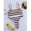 Vintage Couple Outfit Striped Print Ring Strap High Cut Briefs Tankini Swimsuit and Shirt Set - DEEP BROWN S | US 4