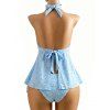 Beach Tankini Swimsuit Solid Color Jacquard Lace Tied High Cut Briefs Halter Swimwear Set - Bleu Poudre XXL | US 12