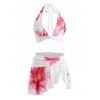 Vacation Bikini Swimsuit Watercolor Floral Print Mesh Irregular Skirt Halter Beach Swimwear Set - Blanc XL | US 10