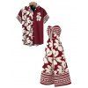 Hawaii Couple Outfit Tribal Hibiscus Floral Print Bowknot Off the Shoulder Jumpsuit and Shirt Set - Rouge Vineux S | US 4