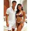 Beach Couple Outfit Polka Dots Print Colorblock High Cut Briefs Halter Faux Twinset Bikini Swimsuit and Hollow Out Shirt Set - multicolor S | US 4