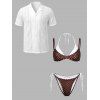 Beach Couple Outfit Polka Dots Print Colorblock High Cut Briefs Halter Faux Twinset Bikini Swimsuit and Hollow Out Shirt Set - multicolor S | US 4