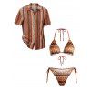 Ethnic Couple Outfit Zig Zag Geometric Print Tied High Cut Briefs Halter Bikini Swimsuit and Striped Print Shirt Set - multicolor S | US 4