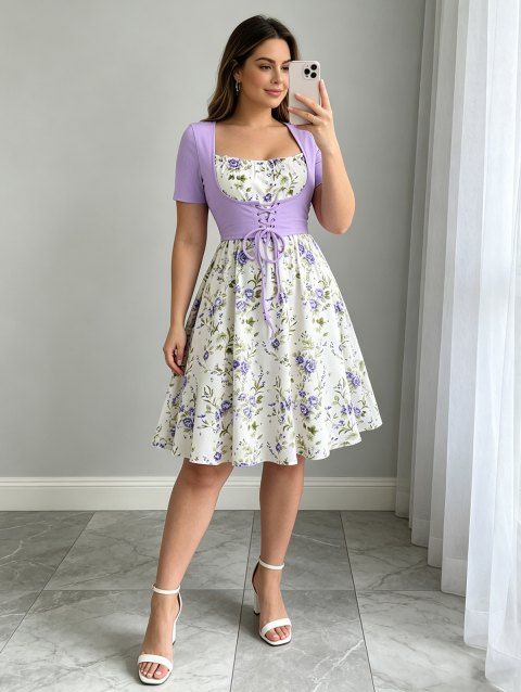 Floral Print Waisted Sleeveless Cami Dress And Solid Lace Up Short Sleeve Crop Top Set