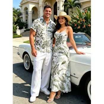 Vacation Couple Outfit Tropical Leaf Print Spaghetti Strap Long Dress and Shirt Set