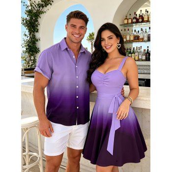 Casual Couple Outfit Ombre Ruched Bust Belt Sweetheart Neck A Line Mini Dress and Roll Up Sleeve Shirt Matching Outfit