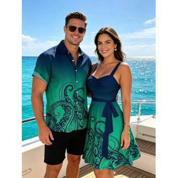 Vacation Couple Outfit Ombre Octopus Pattern Ruched Bust Belt Sweetheart Neck Dress and Button Up Shirt Beach Matching Outfit