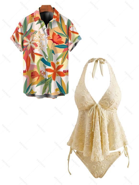 Hawaiian Couple Outfit Solid Color Jacquard Lace Tied High Cut Briefs Halter Tankini Swimsuit and Colorblock Floral Leaf Print Shirt Set - LIGHT YELLOW S | US 4