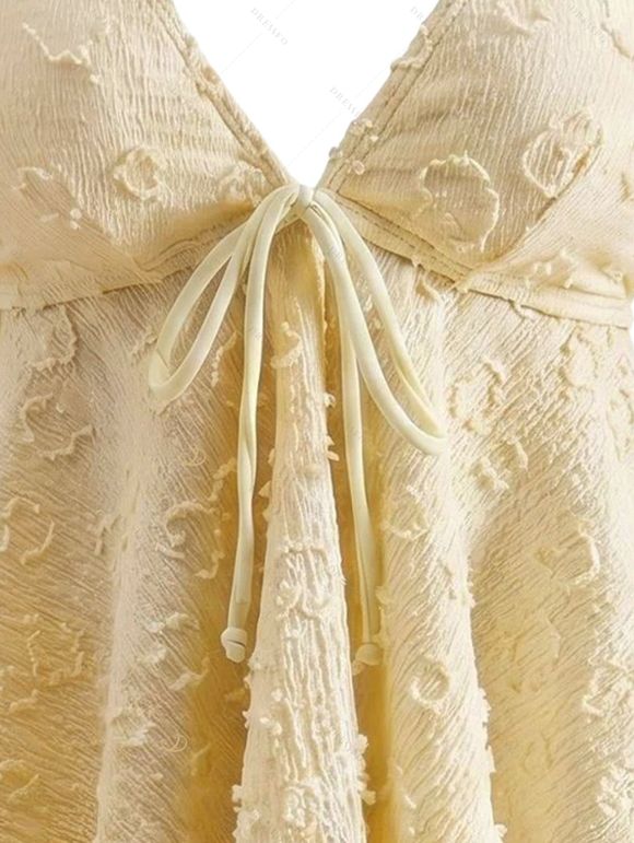 Hawaiian Couple Outfit Solid Color Jacquard Lace Tied High Cut Briefs Halter Tankini Swimsuit and Colorblock Floral Leaf Print Shirt Set - LIGHT YELLOW S | US 4