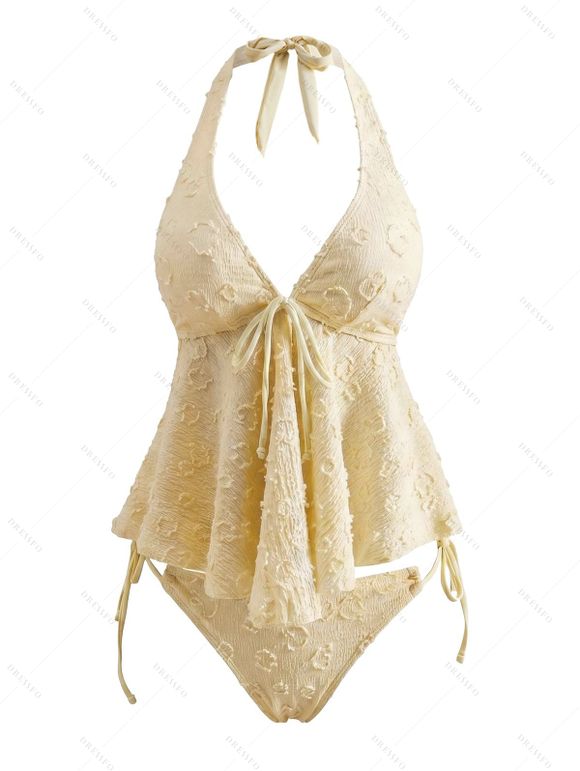 Hawaiian Couple Outfit Solid Color Jacquard Lace Tied High Cut Briefs Halter Tankini Swimsuit and Colorblock Floral Leaf Print Shirt Set - LIGHT YELLOW S | US 4