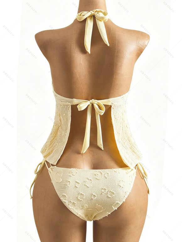 Hawaiian Couple Outfit Solid Color Jacquard Lace Tied High Cut Briefs Halter Tankini Swimsuit and Colorblock Floral Leaf Print Shirt Set - LIGHT YELLOW S | US 4