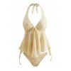 Beach Tankini Swimsuit Solid Color Jacquard Lace Tied High Cut Briefs Halter Swimwear Set - Jaune clair XXL | US 12
