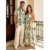 Hawaiian Couple Outfit Tropical Pinnate Leaf Leaf Print Pocket Tied Shoulder Dress and Shirt Set - Vert S | US 4