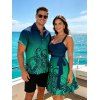 Vacation Couple Outfit Ombre Octopus Pattern Ruched Bust Belt Sweetheart Neck Dress and Button Up Shirt Beach Matching Outfit - Vert profond S | US 4