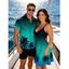 Vacation Couple Outfit Ombre Coconut Tree Seagulls Pattern Spaghetti Strap V Neck A Line Mini Tank Dress and Roll Up Sleeve Shirt Beach Matching Outfit - Vert S | US 4